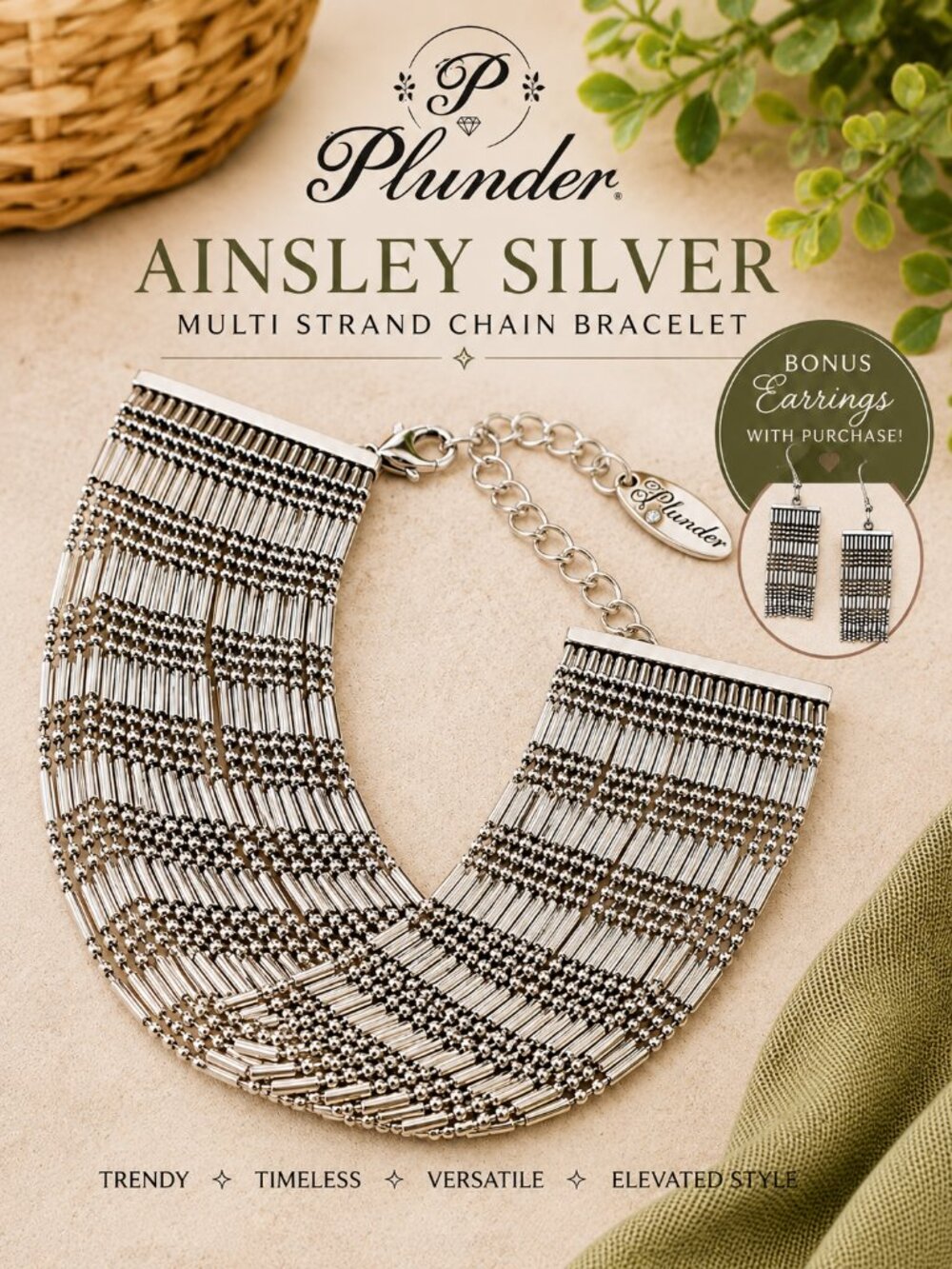 Plunder Ainsley Silver Multi Strand Chain Bracelet & Earrings Set